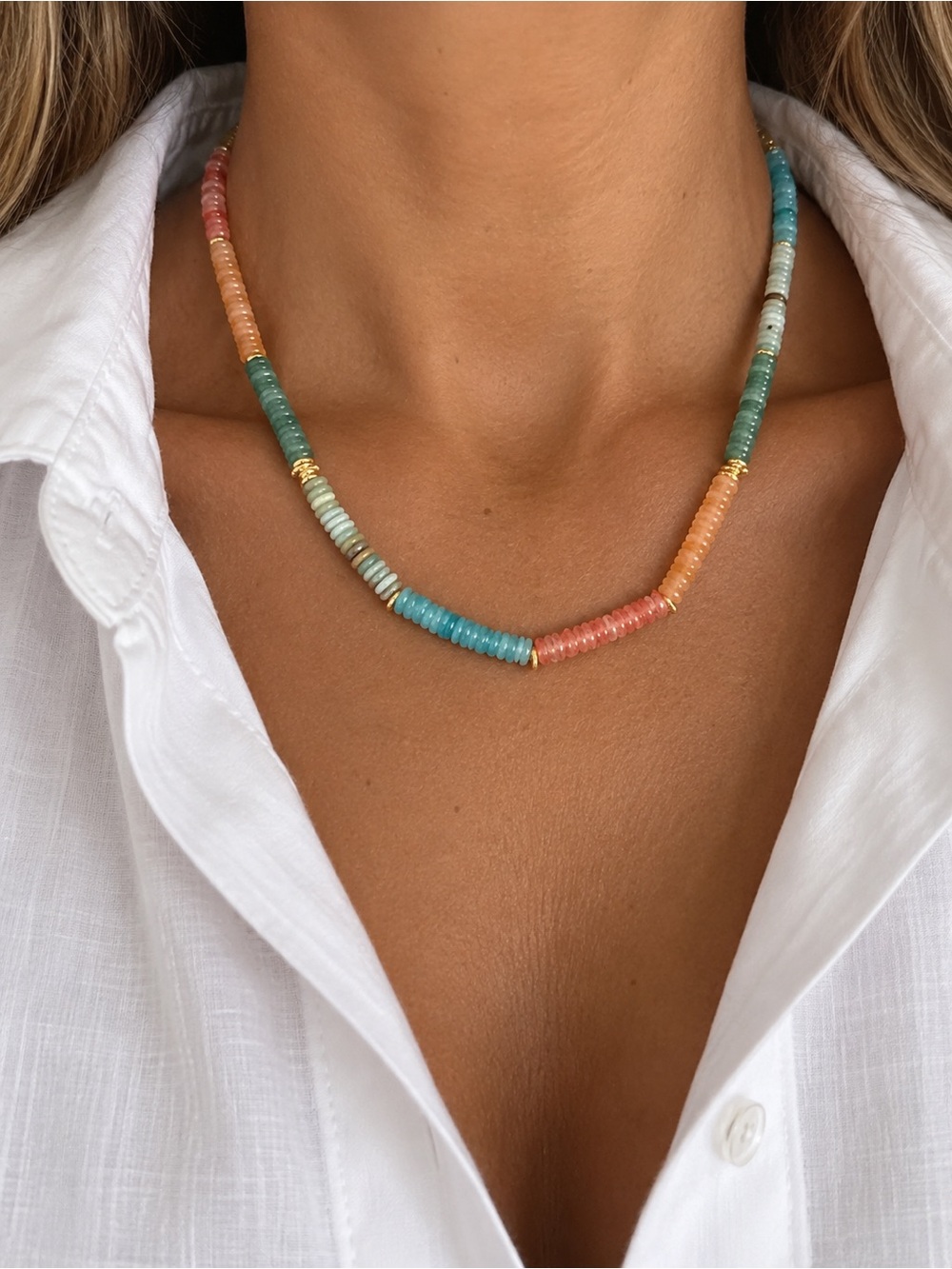 Multicolor Beaded Necklace - Pastel Coral, Teal & Peach